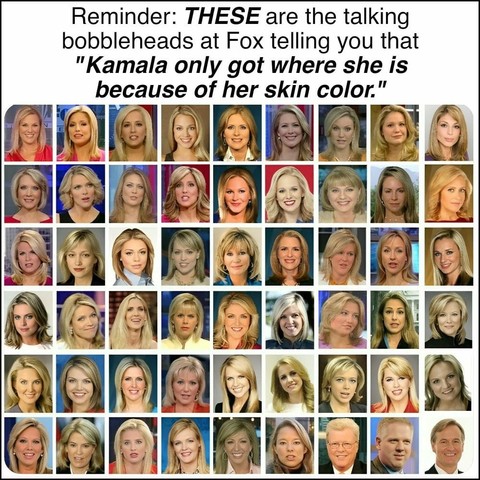 a 9x6 grid of all white, blonde women and three blonde men's headshots who appeared as hosts and correspondents of various fox news shows.