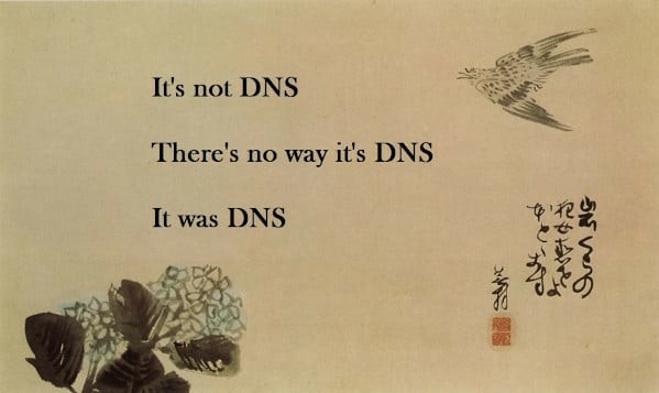 A haiku reading “It's not DNS
There's no way it's DNS
It was DNS”