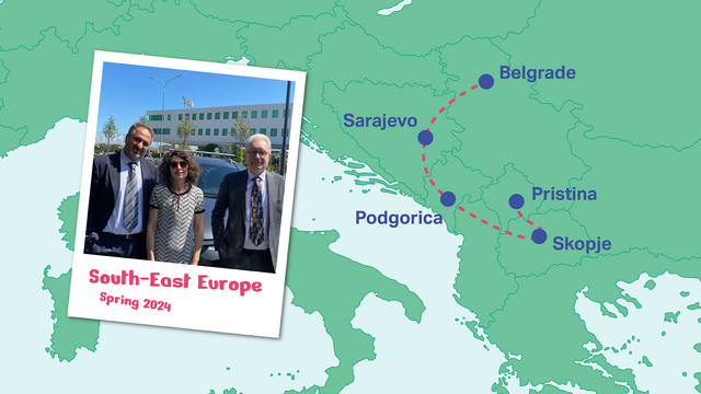 GÉANT’s CEO visit in South-East Europe: Strengthening Research & Education collaboration in the region and supporting colleagues in Bosnia Herzegovina.

In the picture, from left to right: GÉANT project regional coordinator Anastas Mishev, GÉANT’s partner relation manager for the SEE region Marina De Giorgi, GÉANT’s CEO Erik Huizer.

Cities visited are marked in the map of the SEE Region, including Belgrade, Sarajevo, Podgorica, Skopje and Pristina.