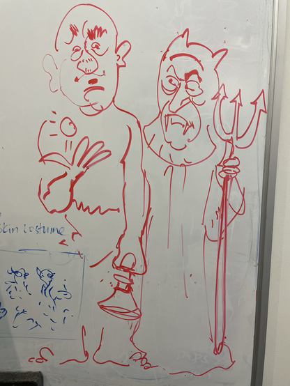 Cartoon on white board of a man tossing a small rock. Hooded satan with trident looks dismayed.