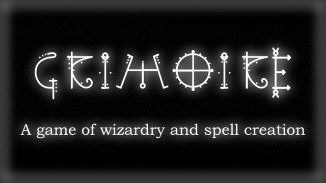 a dark background with a white font roughly shaped like magical glyphs that sayd "Grimoire: a Game of Wizardy and Spell Creation"