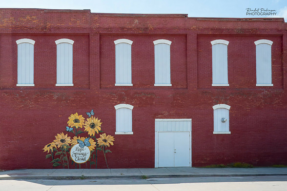 A brick wall with 8 windows filled with white metal siding, a white double wide door, and a painted Mural of sunflowers with the text, 