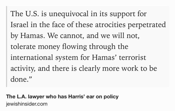 Text Shot: The U.S. is unequivocal in its support for Israel in the face of these atrocities perpetrated by Hamas. We cannot, and we will not, tolerate money flowing through the international system for Hamas’ terrorist activity, and there is clearly more work to be done.”