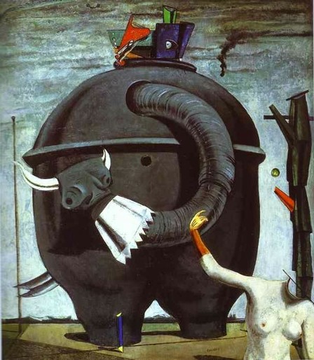 This  painting shows Celebes as a giant mechanical elephant. It is round and has a trunk-like hose protruding  from it with a bulls head at the end. Other elements include a pale headless female figure/statue