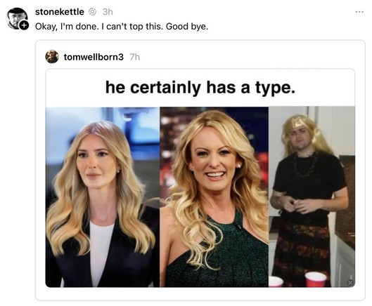 stonekettle: Ok I'm done. I can't stop this. Good bye.

tomwellborn3: He certainly has a type.

[image of Ivanka Trump, Stormy Daniels, and JD Vance — all with blonde hair]