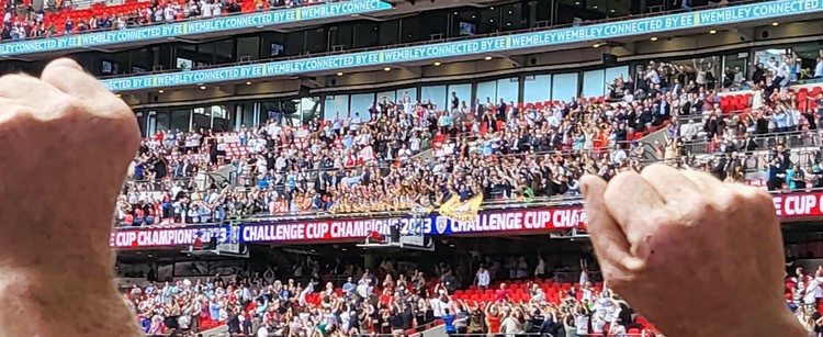 Leigh Leopards lifting the Challenge Cup at the Royal Box at Wembley Stadium.