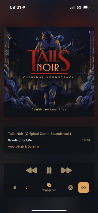 A screenshot showing a track titled ‘Grinding for Life’ playing from the album Tails Noir (Original Game Soundtrack). 