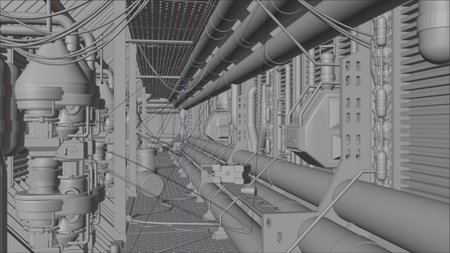 An unrendered scene created in Blender of a sci-fi corridor. Based on the ship Nostromo from the 1979 film Alien. A long corridor recedes in to the distance. Pipes, tubes, cables and various bits of machinery litter the space.