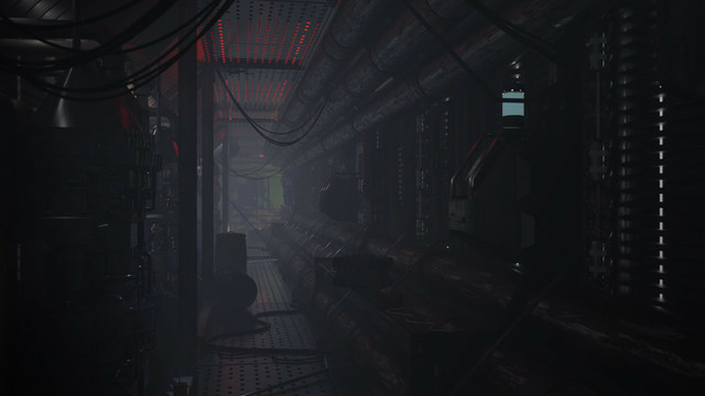 A scene created in Blender of a sci-fi corridor. Based on the ship Nostromo from the 1979 film Alien. A long corridor recedes in to the distance. Dimly lit with white and red lights. A lantern in the foreground gives off an eerie greenish glow. At the end of the corridor, a t junction, and the shadow of something terrible approaching.