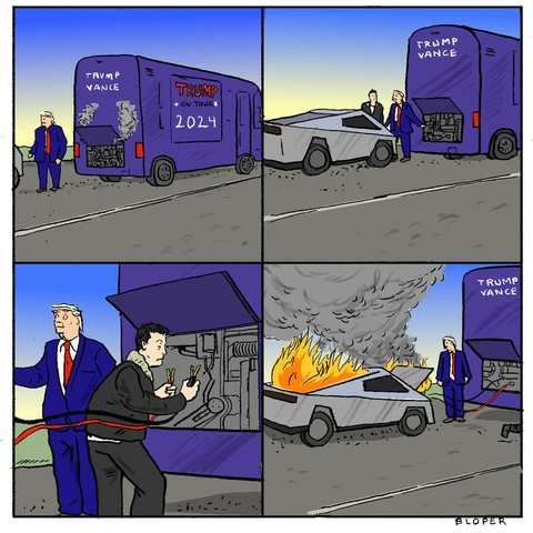 4-Panel current events cartoon by New Yorker magazine artist Brendan Loper:
Panel 1: Convicted felon Trump stands behind a Trump-Vance campaign bus at the side of a road.
P2: A Tesla Cyber truck has pulled up and Trump talks with Elon Musk.
P3: Elon Musk is about to attach jumper cables into an access panel on the bus.
P4: The Cybertruck bursts into flames. Trump stands there. Part of Musk's leg is visible as he flees the frame.