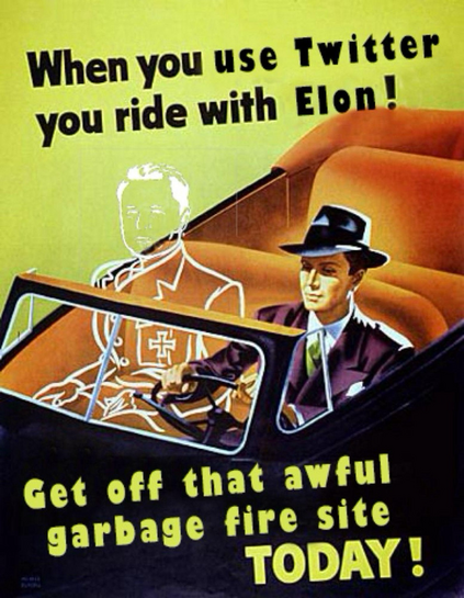 Cartoon drawing of an of a ‘50’s style person and car driving with a ghost captioned if you use Twitter you’re riding with elon. Get off that shit