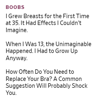 BOOBS

| Grew Breasts for the First Time at 35.1t Had Effects | Couldn’t Imagine.

When | Was 13, the Unimaginable Happened. | Had to Grow Up Anyway.

How Often Do You Need to Replace Your Bra? A Common Suggestion Will Probably Shock You. 