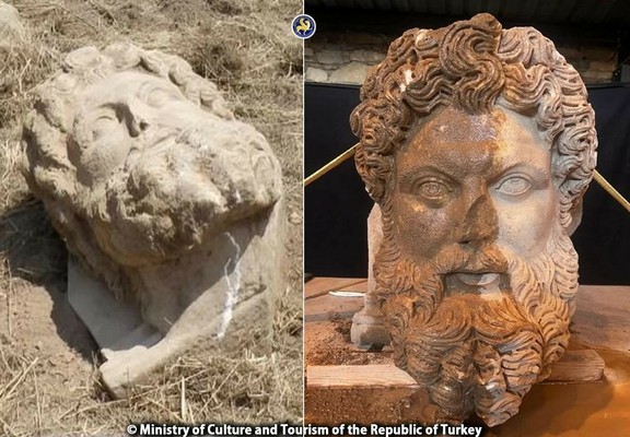 Marble head of Zeus unearthed in ancient city of Aphrodisias

A marble head of Zeus has been unearthed in the ancient city of Aphrodisias, located in the Geyre neighborhood of Karacasu district in Aydın province, western Turkey.

The colossal marble head, which stands 66 centimeters tall, was found inverted near the surface, approximately 50 meters west of the Temple of Aphrodite. It is believed to have been part of an architectural console or similar structure. Made from a single block of medium-grained Aphrodisias marble, the head dates back to the 2nd-3rd century CE.