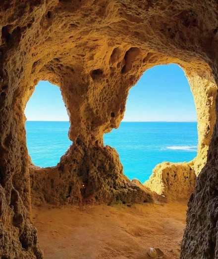 From the inside of a cave that kind of looks like eyes of a skull. A skull cave. There's no smoking in the skull cave.