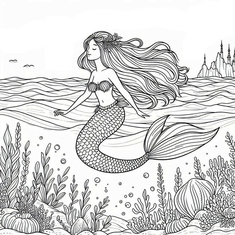 Mermaid Underwater Scene Coloring Page