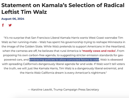 Statement on Kamala’s Selection of Radical Leftist Tim Walz August 06, 2024 

