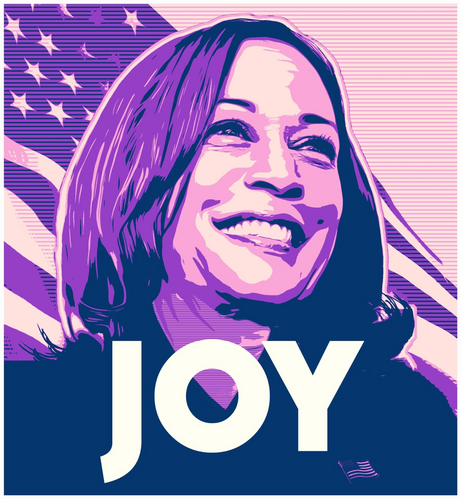 A photo/drawing of VP Kamala Harris in purple with the words 