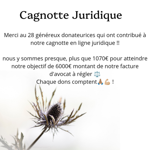 Vous êtes 28 généreux donateurices à avoir contribué à notre cagnotte en ligne juridique, nous y sommes presque, plus que 1070€ pour atteindre notre objectif de 6000€ montant de notre facture d'avocat à régler ⚖️🙏🏽
Chaque dons comptent ! 
https://chardonsbleus.org/dons/