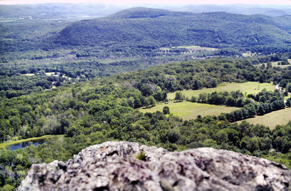 We are standing atop cliffs of reddish gray rock looking down into a sun-drenched valley hundreds of feet below. The valley floor is relatively flat, although wooded hills bisect it to our right and others rise in the distance along the entire horizon. Most of the valley floor is wooded, too, but there are several green fields, some houses and a small pond visible. The sky is bright and clear, but rather whitewashed along the horizon, which is the only portion of the sky visible in the photo.