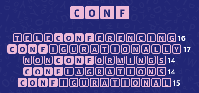 TELECONFERENCING 16
CONFIGURATIONALLY 17
NONCONFORMINGS 14
CONFLAGRATIONS 14
CONFIGURATIONAL 15