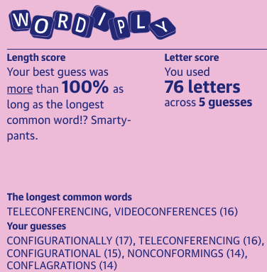 The longest common words:
TELECONFERENCING, VIDEOCONFERENCES (16)