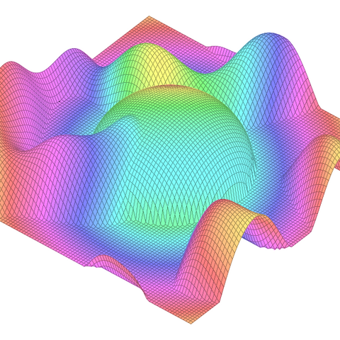 wireframe grid with a noise field and globe. filled with a rainbow of colors.