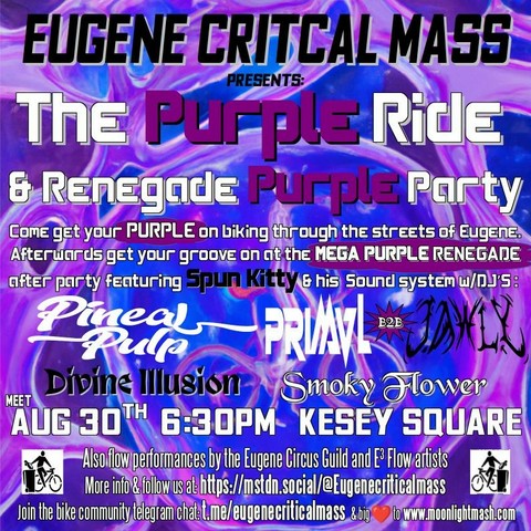 Critical Mass flyer announcing their purple ride.  With Dj's Pineal Pulp, Primal b2b Jawly, Divine Illusion, Smoky FLower & Spun Kitty.  The Backgroud is a purple meshy energy network that has a biker in the middle.  