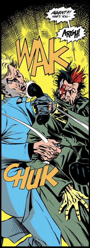 A man stabs Fate in Fate’s right arm. Fate reacts by yelling, “Agent?! Hart, you – aargh!“ Fate smacks the guy with the receiver of an old landline on the chin with a “WAK”. That’s Fate for ya! 