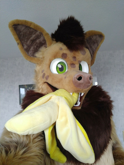 Photo of Neop the bat (fursuit) with a plush banana in his mouth