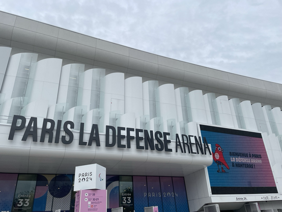 The facade of the arena, with the signage ‘Paris La Defense Arena’