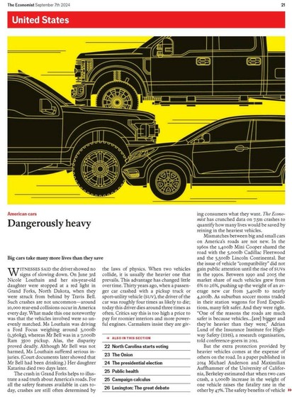 The image shows an article from The Economist, discussing the dangers of large vehicles in the United States and their impact on road safety.