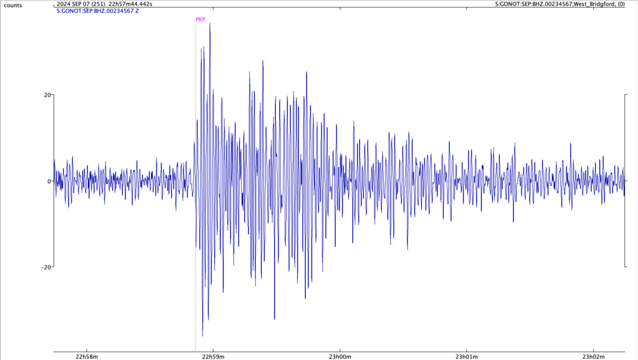 Seismogram showing PKP-wave arrivals from about 22.59 UTC