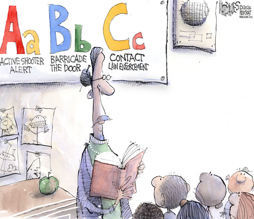 Cartoon of a teacher with the ABC's poster on the wall...A, active shooter alert, B, barricade the door, and C,  contact law enforcement