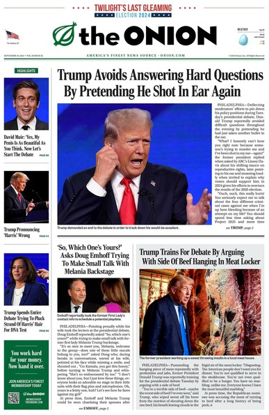 Front page of a newspaper from the onion. Main headline reads, 