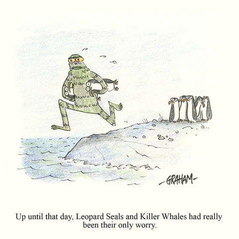 A cartoon illustration of a sea creature monster running back into the ocean carrying two penguins as another group of penguins helplessly watches. Caption underneath reads "Up until that day, Leopard Seals and Killer Whales had really been their only worry."