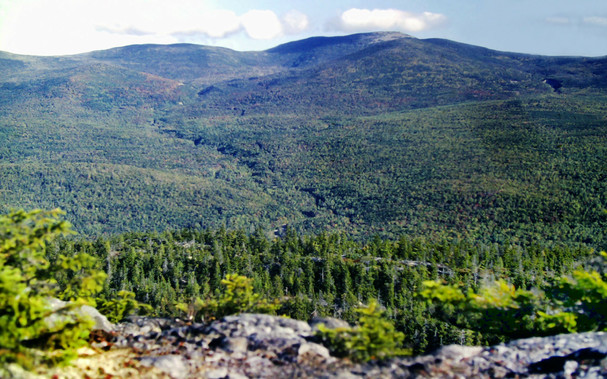 Bright sunshine, blue sky with a few puffy clouds.  Standing atop a mountain on rugged cliffs of fractured dark gray rock. A terrace with a spruce and fir forest is a few dozen feet below us, the very tops of several of these trees pokes above the cliff. This forest continues across a vast valley and up the slopes of another lofty rugged mountain range. There are massive open areas around the summit of the tallest peak. Scattered streaks of autumn colors in the dusky teal forest show where stands of hardwoods predominate.