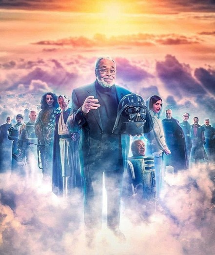 fan artwork of various actors who played characters in the star wars movies/shows, standing in the clouds with sun at their back.

actors: Sebastian Shaw, David Prowse, Jeremy Bulloch, Peter Mayhew, Alec Guinness, James Earl Jones, Kenny Baker, Carrie Fisher, Christopher Lee, Peter Cushing, Carl Weathers, Ray Stevenson