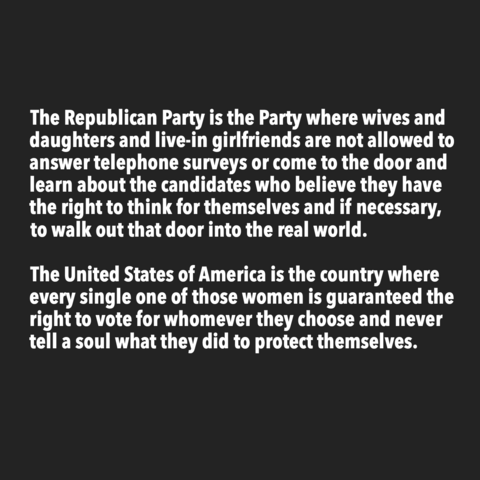 The Republican Party is the Party where wives and daughters and live-in girlfriends are not allowed to answer telephone surveys or come to the door and learn about the candidates who believe they have the right to think for themselves and if necessary, 
to walk out that door into the real world. 

The United States of America is the country where every single one of those women is guaranteed the right to vote for whomever they choose and never tell a soul what they did to protect themselves.
