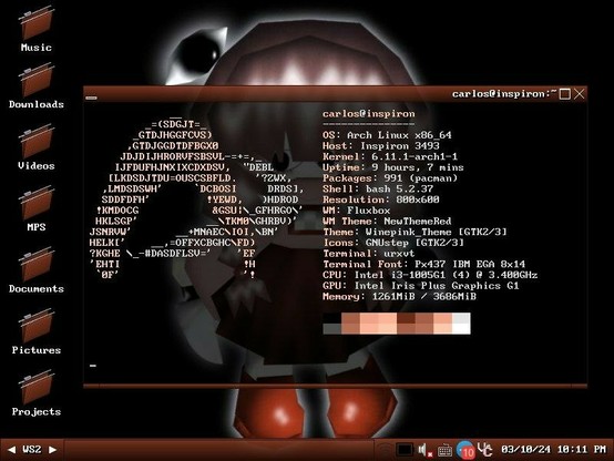 Screenshot of a Fluxbox session showing some folders and a pseudo-transparent terminal with Neofetch on Arch Linux.

The windows are decorated with a brownish red gradient and the folder icons are from the same color. 