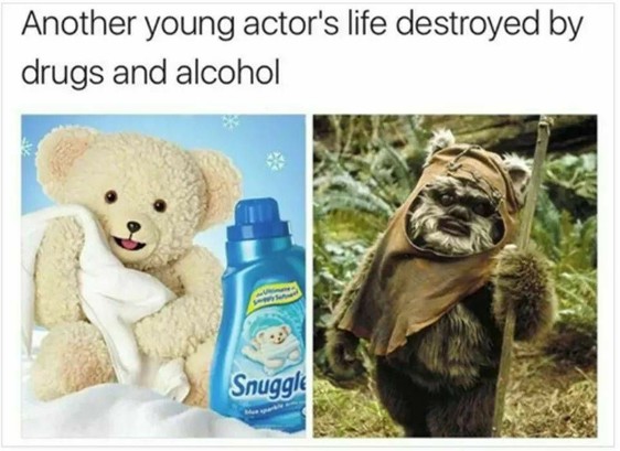 Another young actor's life destroyed by dugs and alcohol.

See a tedy with soap in a TV ads.
The second is an ewok from starwars.