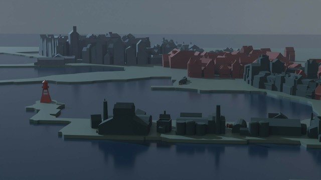 An image showing a blender render of the town of Innsmouth. In the foreground, the whalers’ wharf, in the background the main town.