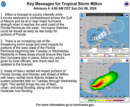 1. Milton is forecast to quickly intensify while it moves eastward to northeastward ačross the Gulf of Mexico and be at or near major hurricane strength when it reaches the west coast of the Florida Peninsula mid week. Hurricane Watches could be issued as early as late today for portions of Florida.
 2. There is an increasing risk of life- threatening storm surge and wind impacts for portions of the west coast of the Florida Peninsula beginning late Tuesday or Wednesday. Residents in these areas should ensure they have their hurricane plan in place, follow any advice given by local officials, and check back for updates to the forecast.
 3. Areas of heavy rainfall will impact portions of Florida Sunday and Monday well ahead of Milton, with heavy rainfall more directly related to the system expected later on Tuesday through Wednesday night. This rainfall brings the risk of fiash, urban, and areal flooding, along with minor to moderate river flooding