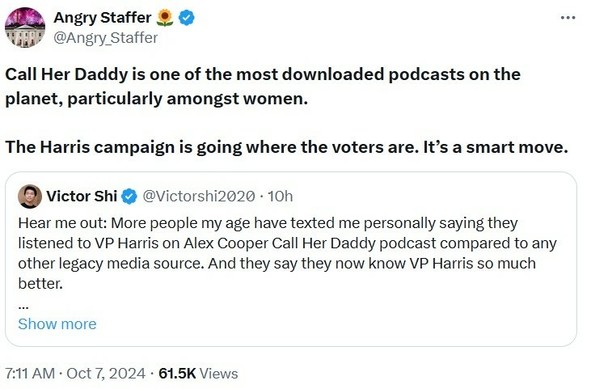 Angry Staffer explaining how “Call Her Daddy” is one of the most downloaded pods, particularly among women. It mentions how the Harris campaign is effectively engaging with younger voters through this platform. The post includes a quote from Victor Shi, highlighting that many young people are becoming