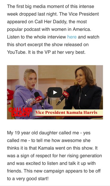 Simon Rosenberg’s Hopium newsletter on the importance of the Call Her Daddy podcast interview with Kamala Harris.