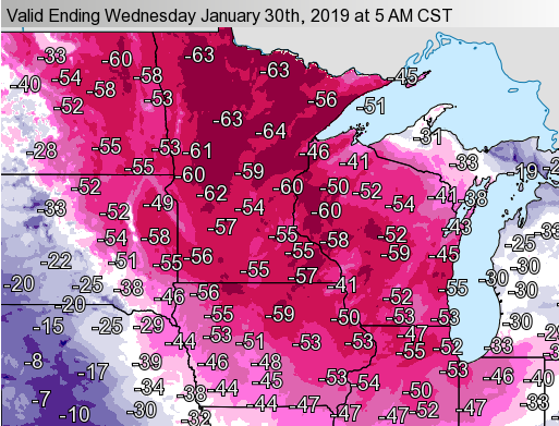 National weather service map show all off Minnesota with -44 through -64 degree F windchills. 