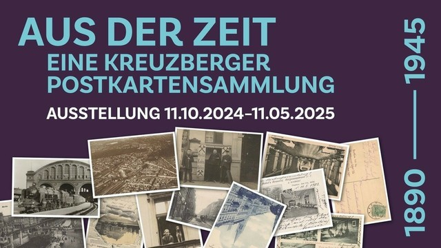 Ankündigung der Ausstellung auf lila farbenem Grund 