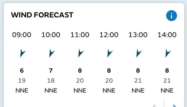 Forecast showing wind speeds between 6 and 8, gusting 19 to 21 from the north northeast 