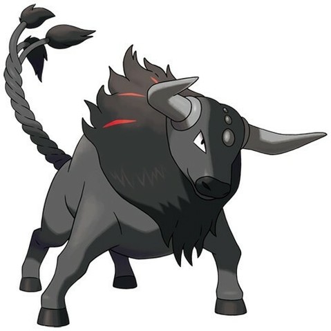 A cartoon-style black bull-like creature with a muscular build, prominent horns, and a tuft of fur around its neck. It has a long tripartite tail with a twist at the end and red markings on its body.