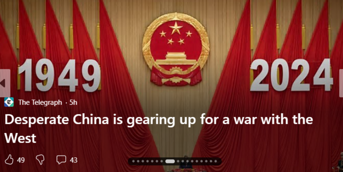 The Telegraph 5h

Desperate China is gearing up for a war with the West