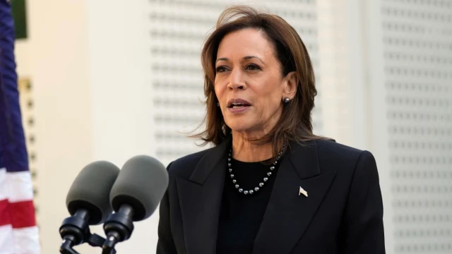 Democratic presidential nominee Vice President Kamala Harris speaks before planting a memorial tree on the grounds of the Vice President’s residence in Washington on Monday, Oct. 7, 2024, to honor the victims and mark one year since the Oct. 7, 2023, Hamas attack on Israel. (AP Photo/Ben Curtis)